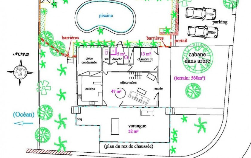 Location de vacances - Villa à La Saline-Les-Bains - Plan rez-de-chaussée (la cabane n'existe plus)