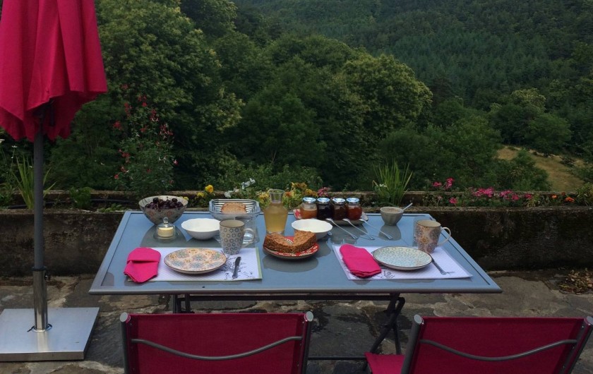 Location de vacances - Chambre d'hôtes à Saint-Barthélémy-Grozon - Petit-déjeuner sur la terrasse Domaine de Plantât