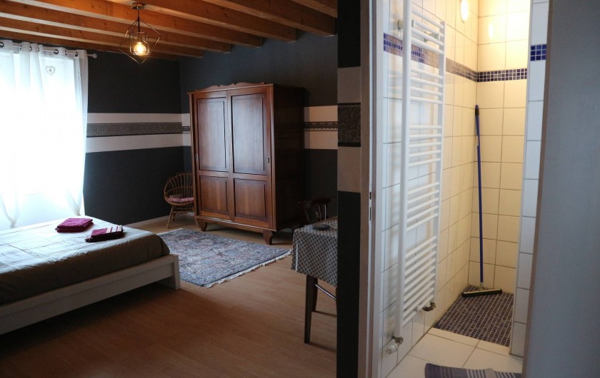 Location de vacances - Appartement à Barretaine - Chambre parentale grise avec toilette et salle de douche.