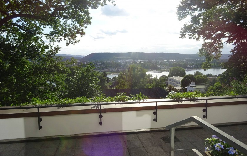 Location de vacances - Appartement à Linz - Vue sur le Rhin de la sortie de la cuisine à la terrasse