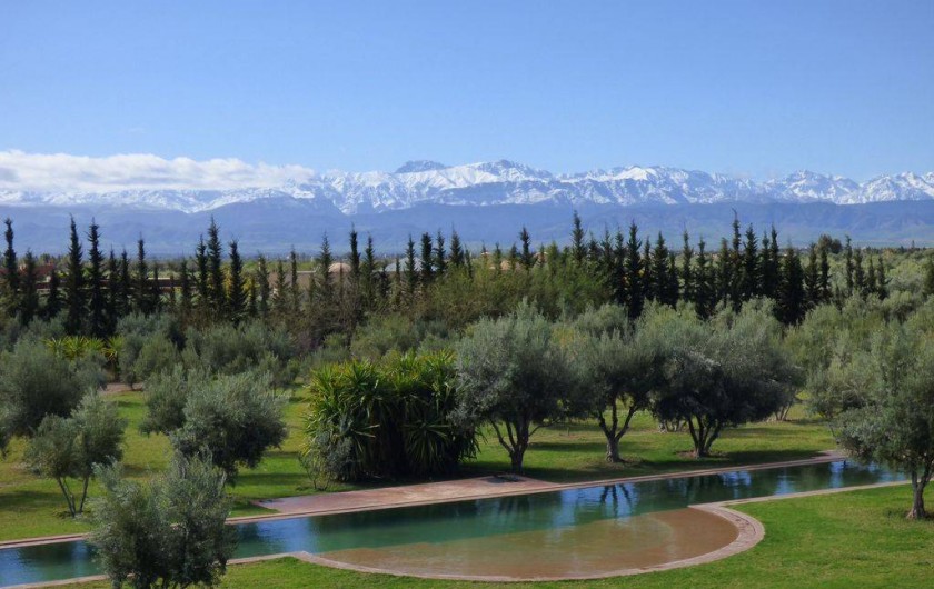 Location de vacances - Villa à Marrakech - Vue sur la Piscine de 33m de long et sur l'Atlas