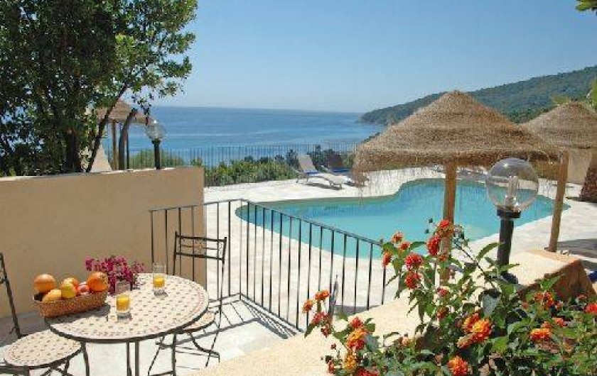 Location de vacances - Villa à Sainte-Lucie de Porto-Vecchio - piscine avec magnifique vue mer - solarium avec parasols et bains de soleil