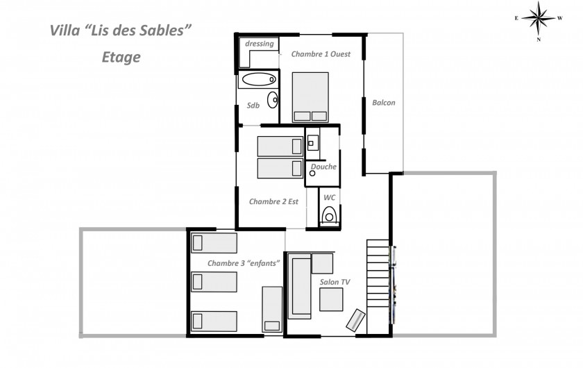Location de vacances - Villa à Vielle-Saint-Girons - Plan agencement de l'étage