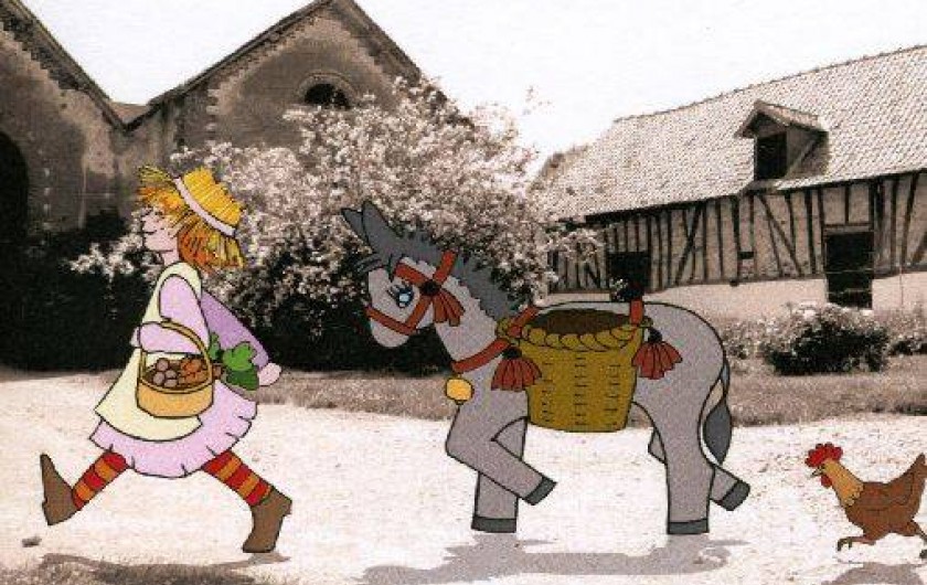 Location de vacances - Gîte à Berck - Notre logo: une fermière, son âne et une poulette avec la ferme en arrière plan.