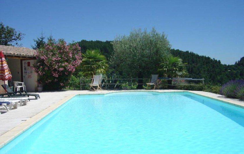 Location de vacances - Gîte à Chassiers - La piscine entrourée d'oliviers, palmiers, lavande et lauriers roses