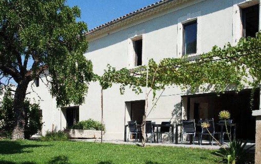 Location de vacances - Mas à Barbentane - La terrasse est ombragée par la treille recouverte de vigne, et le jujubier.
