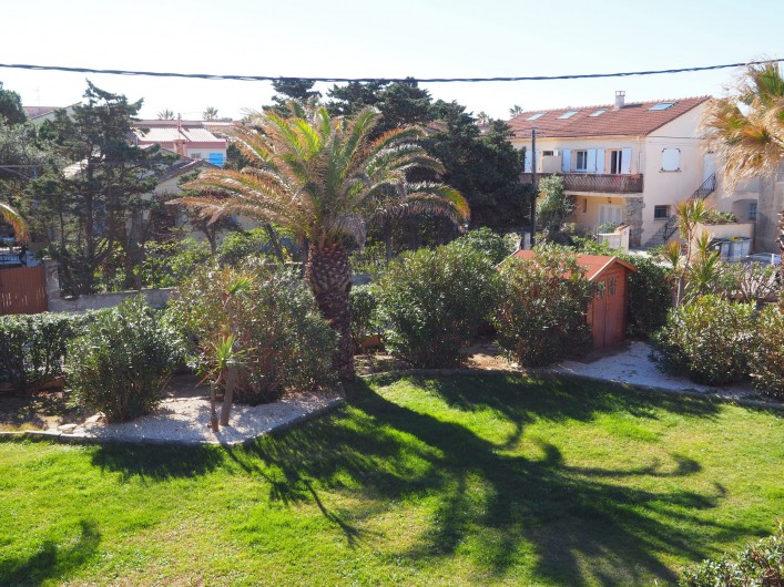 Location de vacances - Studio à Hyères - Face à la terrasse, le jardin et ses palmiers