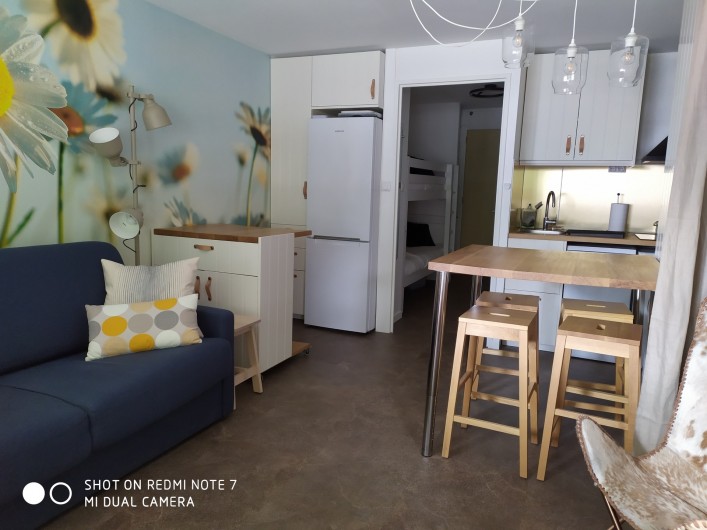 Location de vacances - Studio à Saint-Lary-Soulan - pièce à vivre avec canapé et fauteuil, coin-repas, commode-bureau, placard