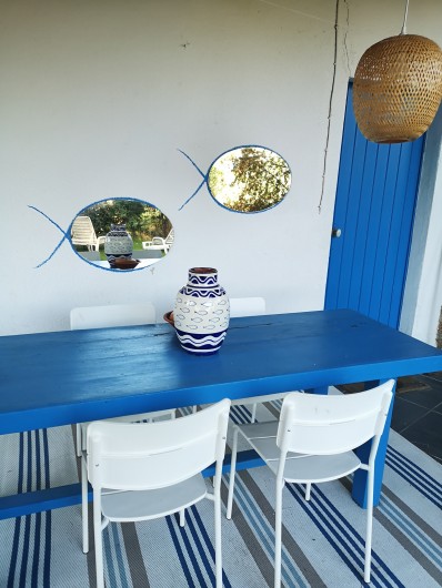 Location de vacances - Studio à Gassin - Terrasse couverte, bleue et blanche aujourd'hui.