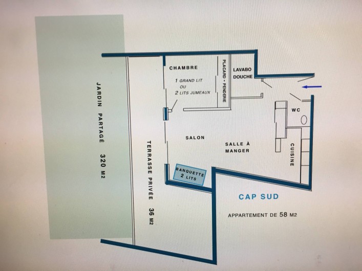 Location de vacances - Appartement à Sanary-sur-Mer - CAP SUD - Le plan de l'appartement (55 m2) + terrasse (36 m2)