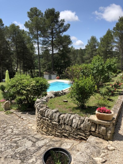 Location de vacances - Gîte à Pernes-les-Fontaines - Vue de la piscine à partir de la pinède