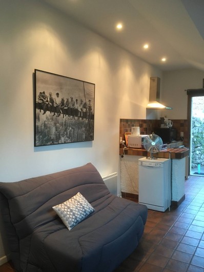 Location de vacances - Villa à Aix-les-Bains - Coin cuisine et canapé-lit à l'entrée de la grande pièce à vivre du Chalet