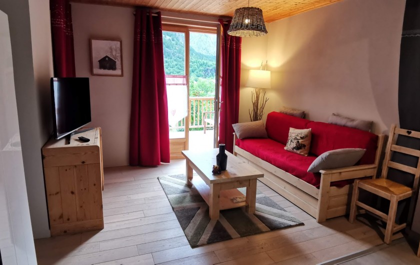Location de vacances - Appartement à Pelvoux - Salon avec lit gigogne, accès Terrasse