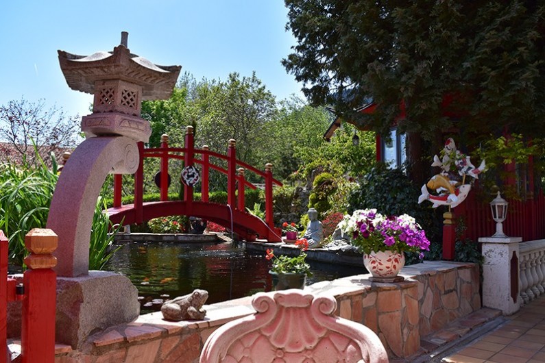 Location de vacances - Villa à Pierre-Châtel - Bassin avec le pont , lampes Japonaises  les carpes koÏ vue du salon de jardin.
