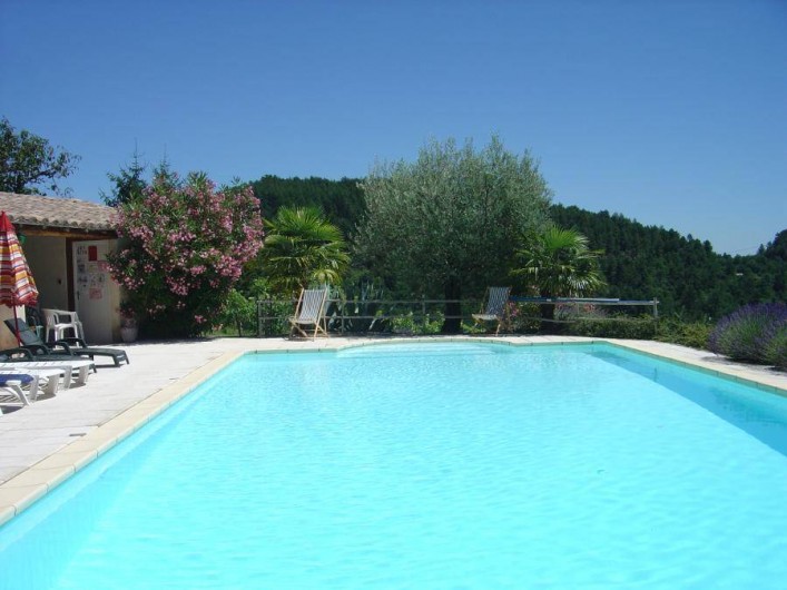 Location de vacances - Gîte à Chassiers - La piscine entrourée d'oliviers, palmiers, lavande et lauriers roses